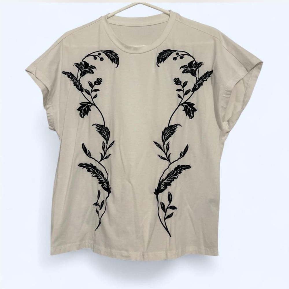 White T-Shirt with Black Floral Design